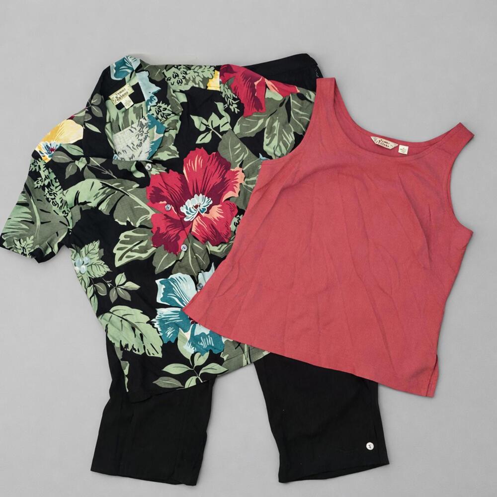 Vtg Sz S 12 Tommy Bahama 3 Pc Silk Twill Black Capri Pants Tropical Shirt + Cami